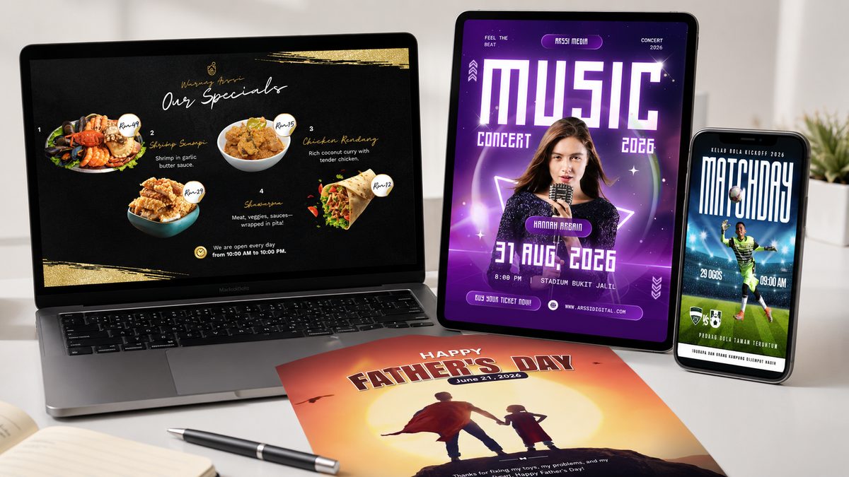 Contoh hasil Canva: menu, poster konsert, poster sukan, kad ucapan