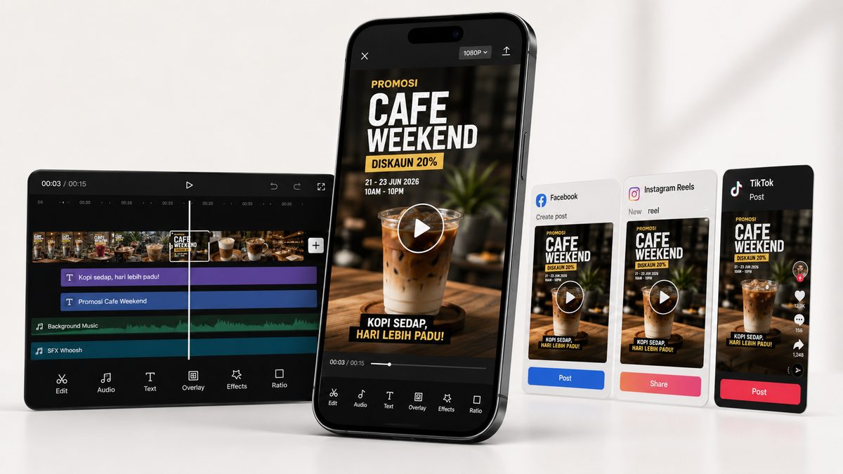 Contoh workflow CapCut: timeline editing sampai siap post di Facebook, Instagram Reels, dan TikTok